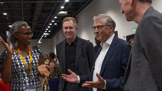 Calestous Juma Fellow Isabella Oyier at GCAM 2023 with Bill Gates
